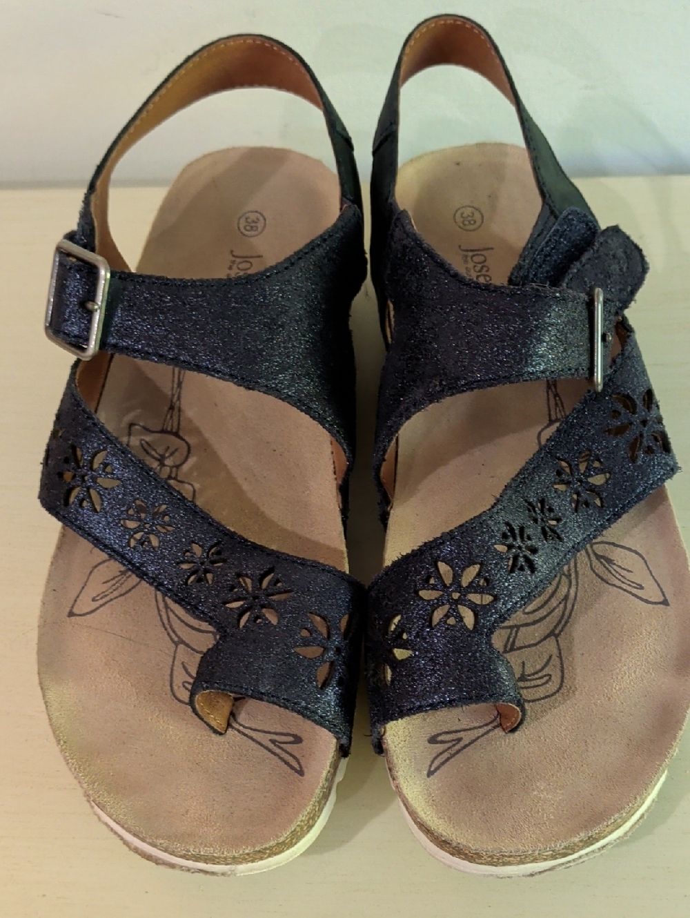 Josef Seibel Navy Blue Metallic Leather Floral Cutout Sandals Size 38